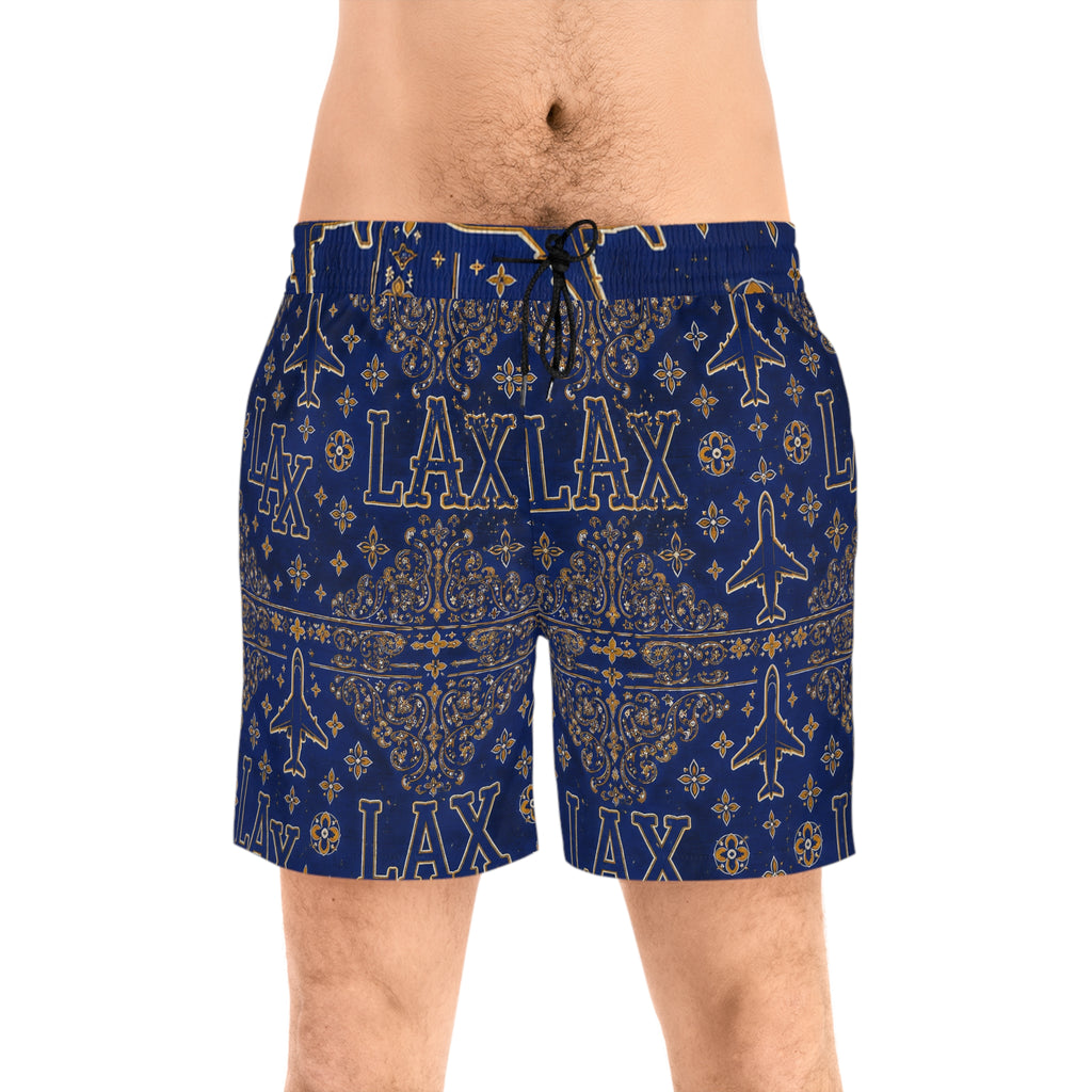 LAX Navy Bandana-Print Swim Shorts — Men's Mid-Length Lacrosse Beach Trunks