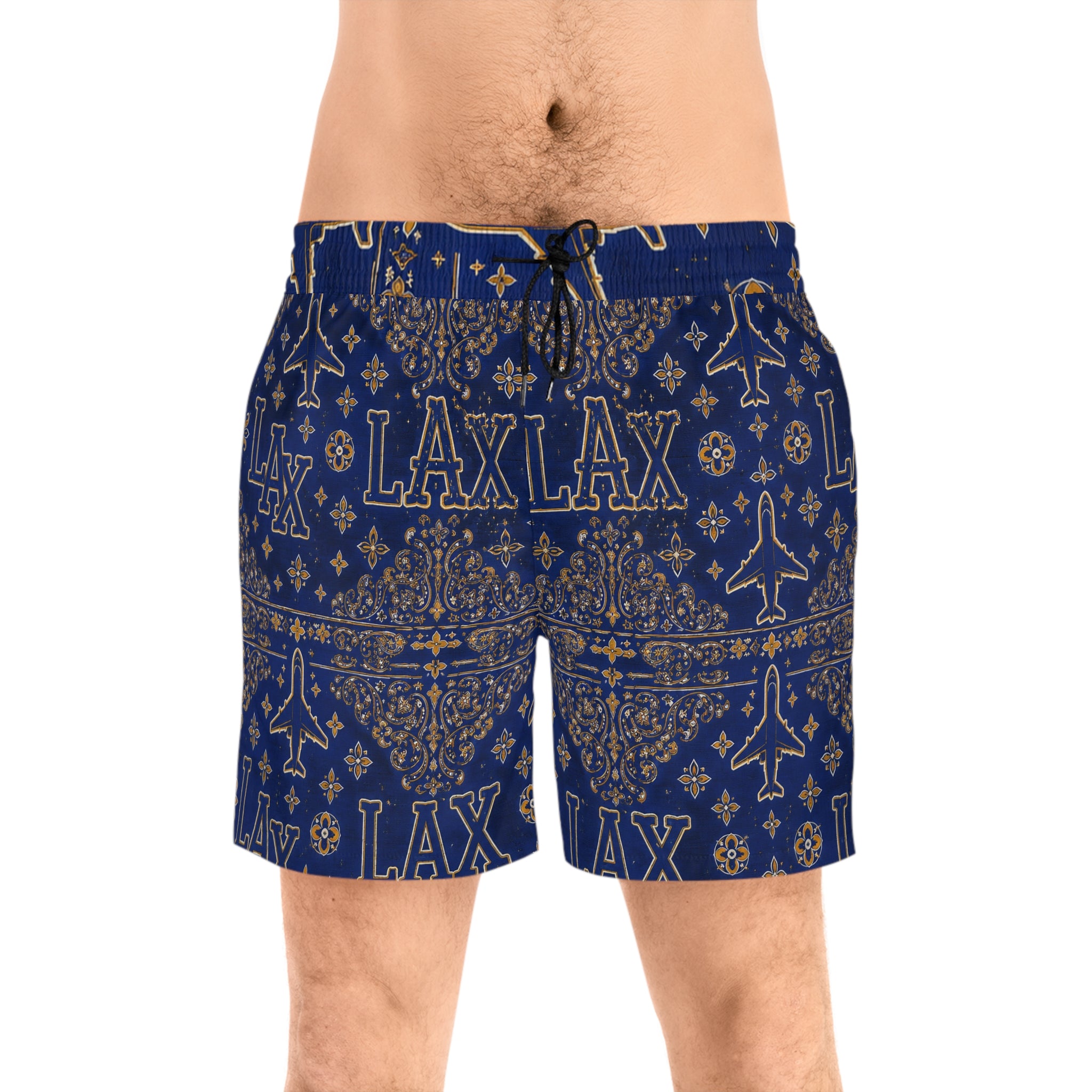 LAX Navy Bandana-Print Swim Shorts — Men's Mid-Length Lacrosse Beach Trunks