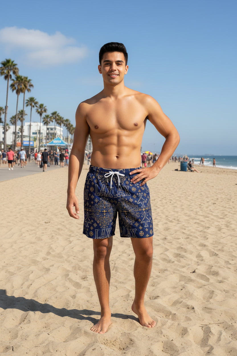 LAX Navy Bandana-Print Swim Shorts — Men's Mid-Length Lacrosse Beach Trunks
