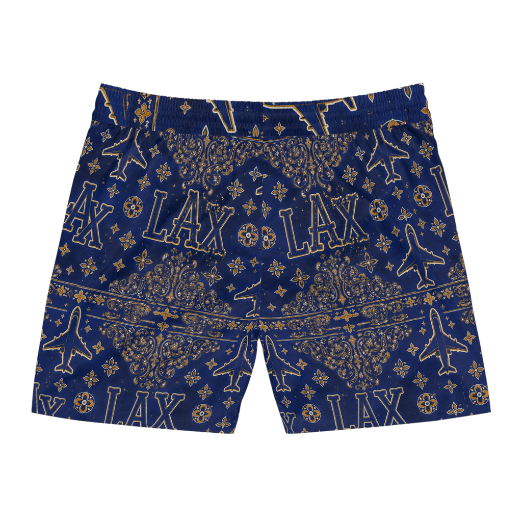LAX Navy Bandana-Print Swim Shorts — Men's Mid-Length Lacrosse Beach Trunks