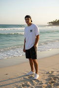 Black Monogram Board Shorts — Subtle Fleur & Crown All-Over Print