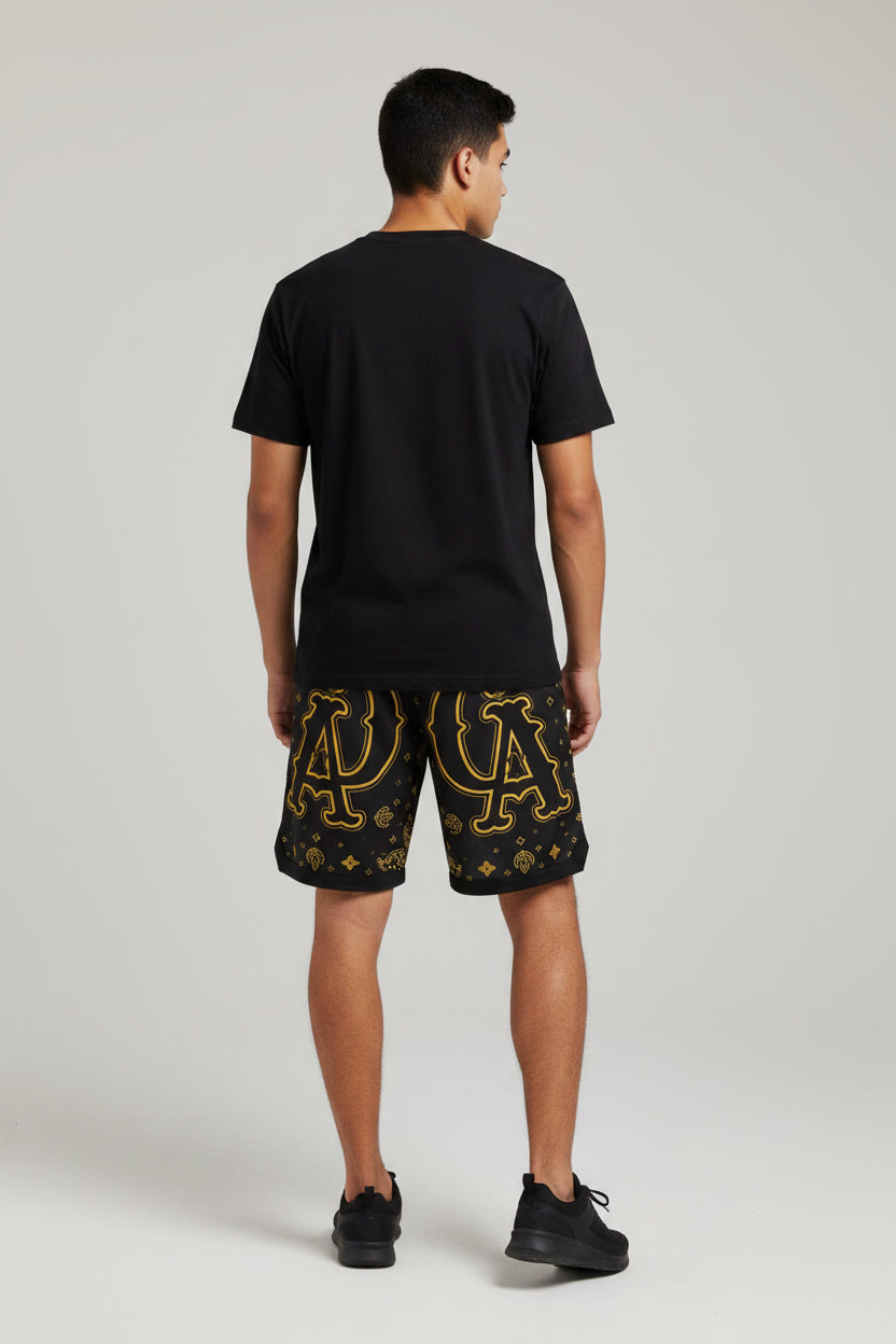Black & Gold Bandana Basketball Shorts – Streetwear AOP with CA Monogram