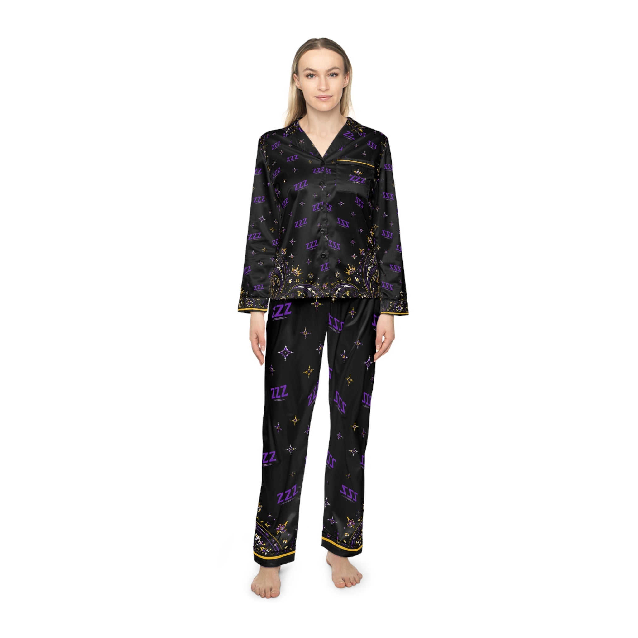 Satin Sleep Set — Black & Purple 'ZZZ' Luxe Pajamas