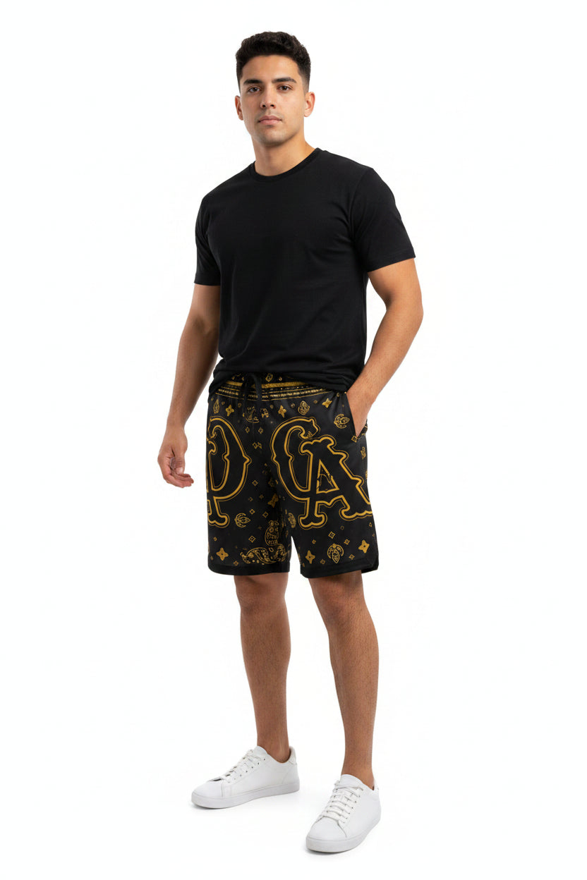 Black & Gold Bandana Basketball Shorts – Streetwear AOP with CA Monogram