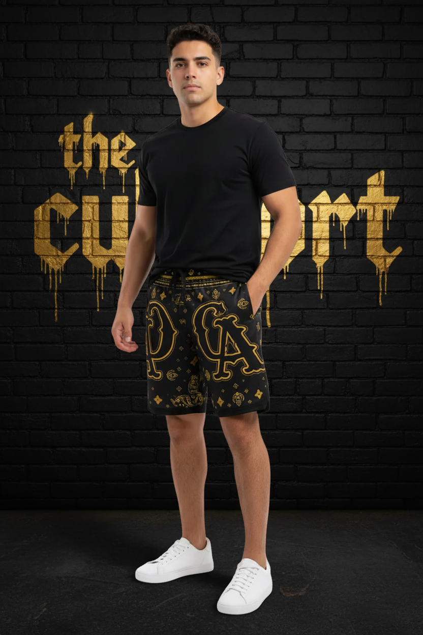 Black & Gold Bandana Basketball Shorts – Streetwear AOP with CA Monogram