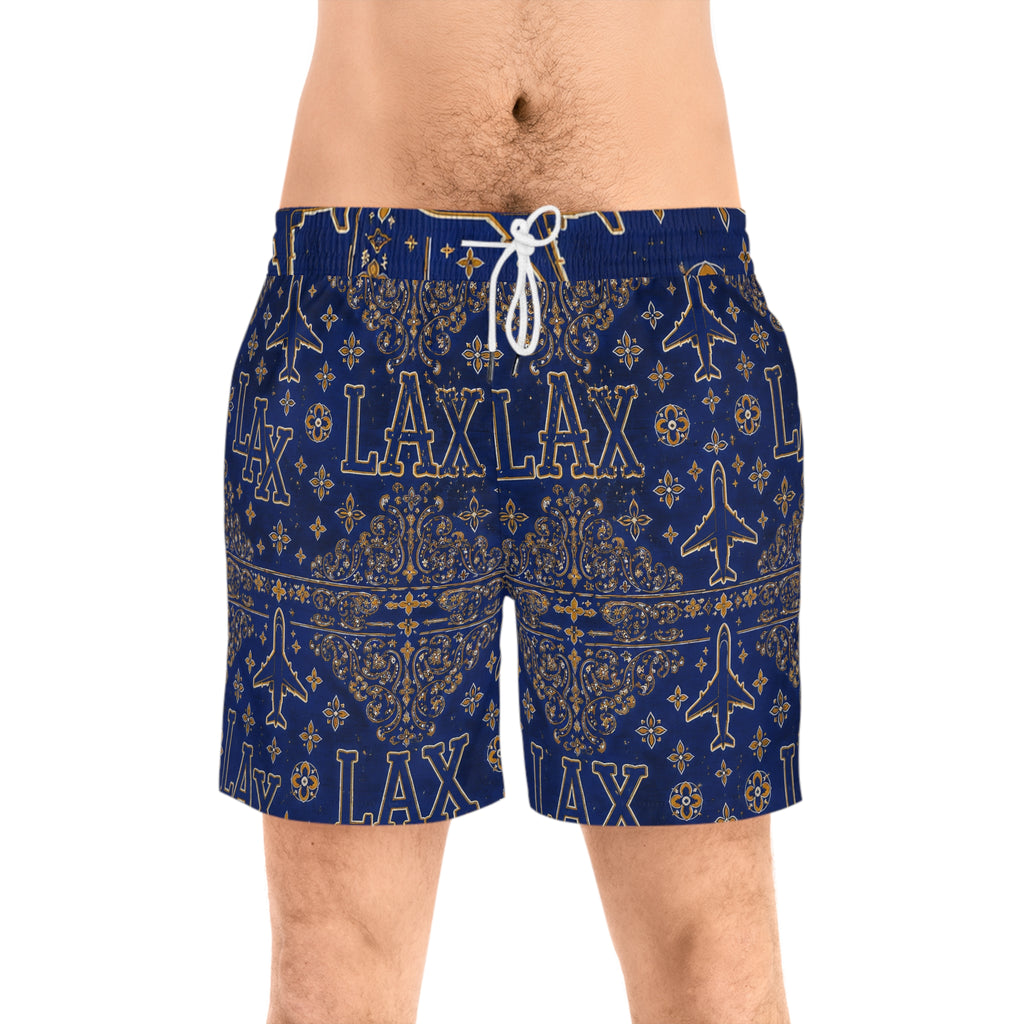 LAX Navy Bandana-Print Swim Shorts — Men's Mid-Length Lacrosse Beach Trunks