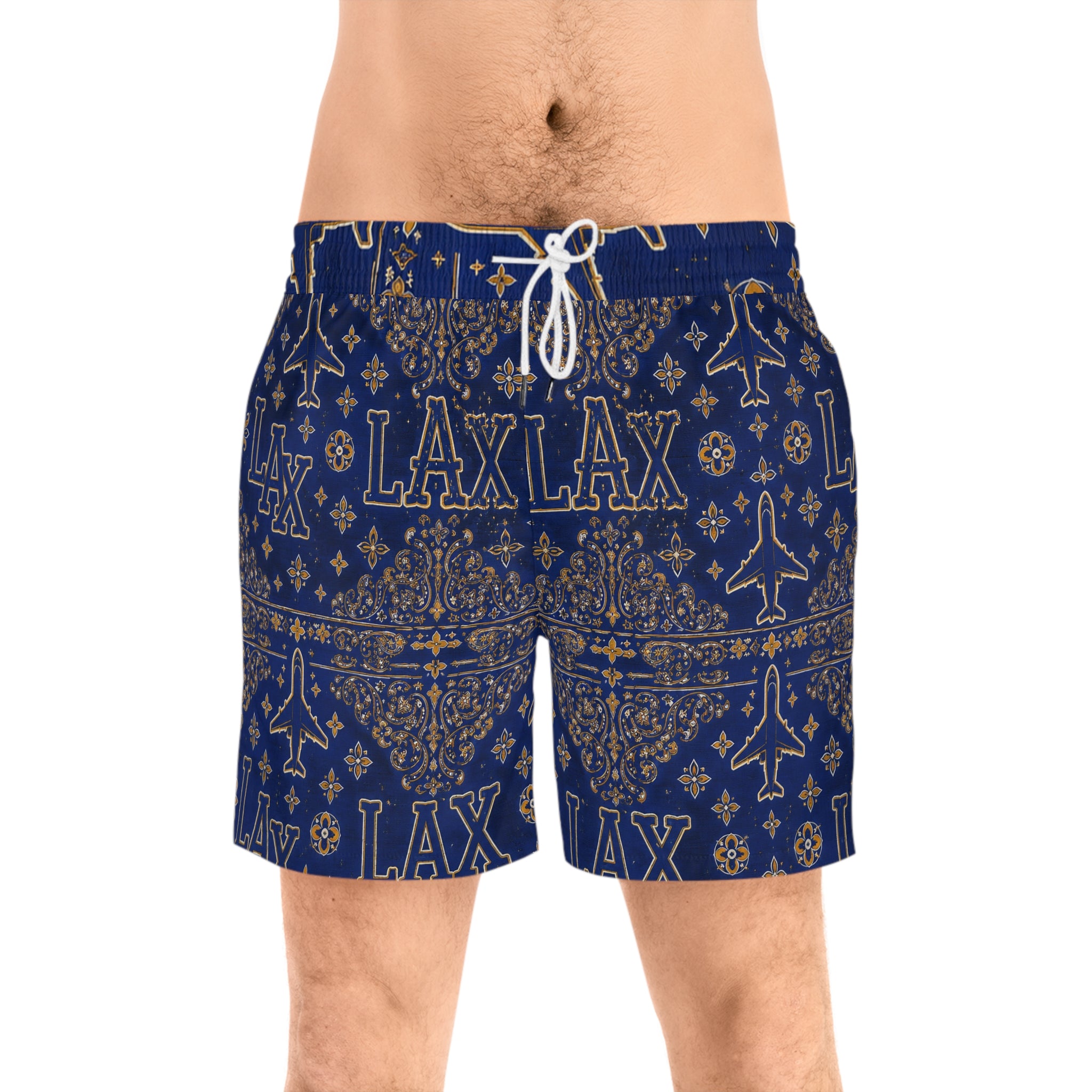 LAX Navy Bandana-Print Swim Shorts — Men's Mid-Length Lacrosse Beach Trunks