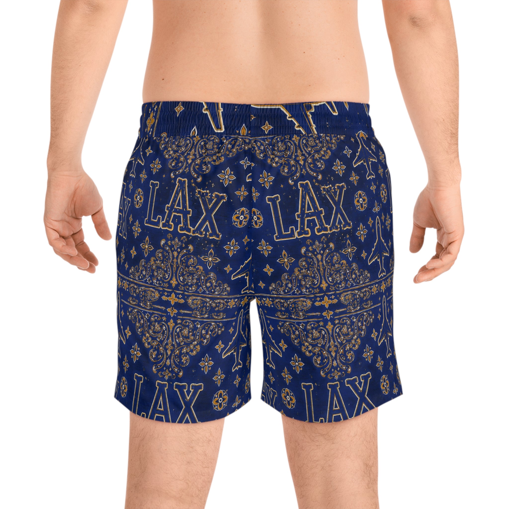 LAX Navy Bandana-Print Swim Shorts — Men's Mid-Length Lacrosse Beach Trunks