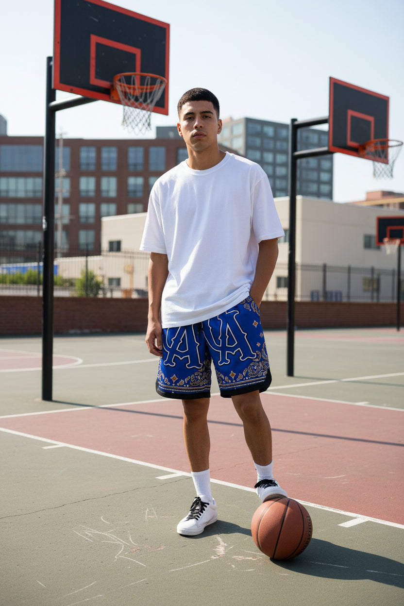 Blue Paisley Bandana Basketball Shorts — AOP Athletic Ribbed Shorts with 'OA' Monogram