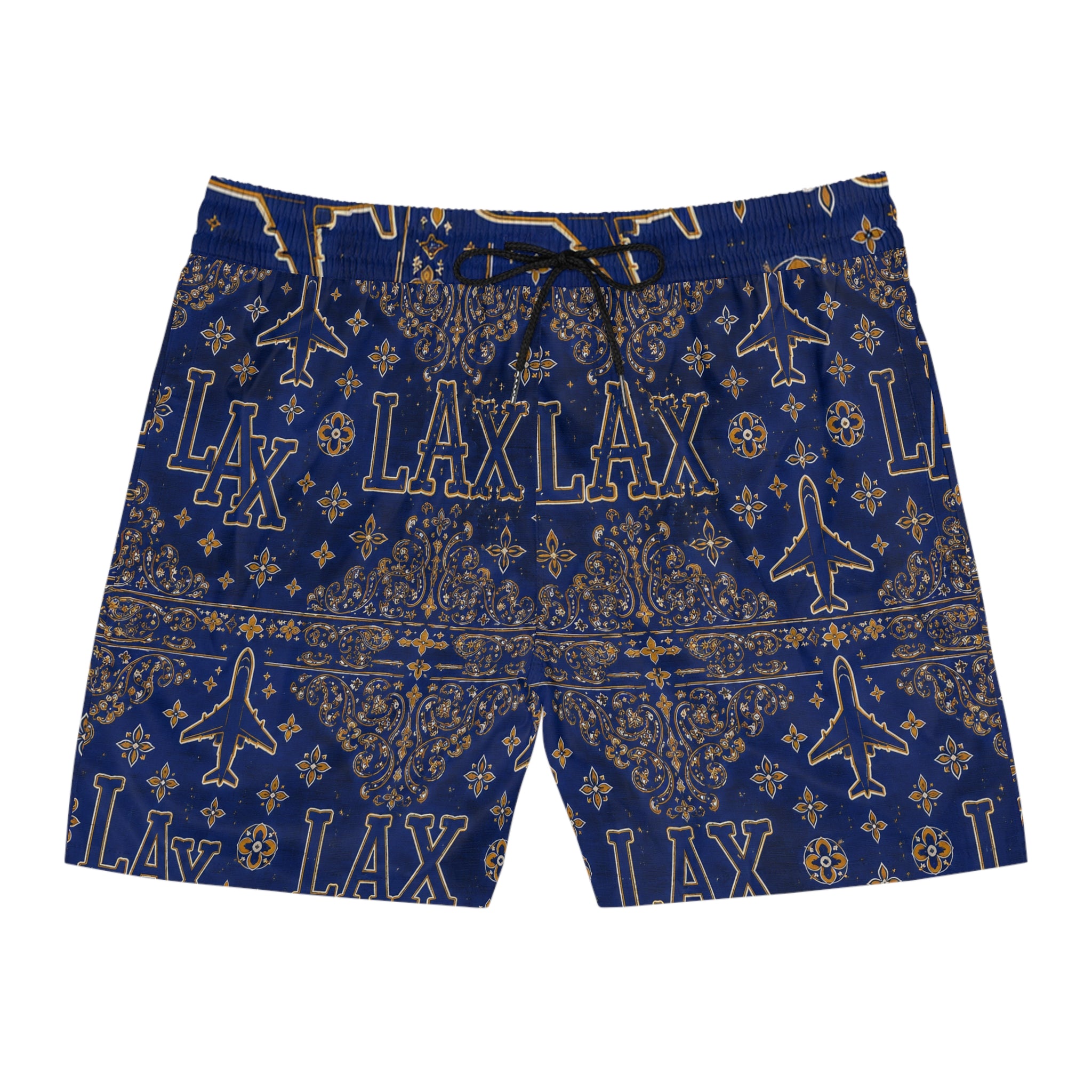 LAX Navy Bandana-Print Swim Shorts — Men's Mid-Length Lacrosse Beach Trunks