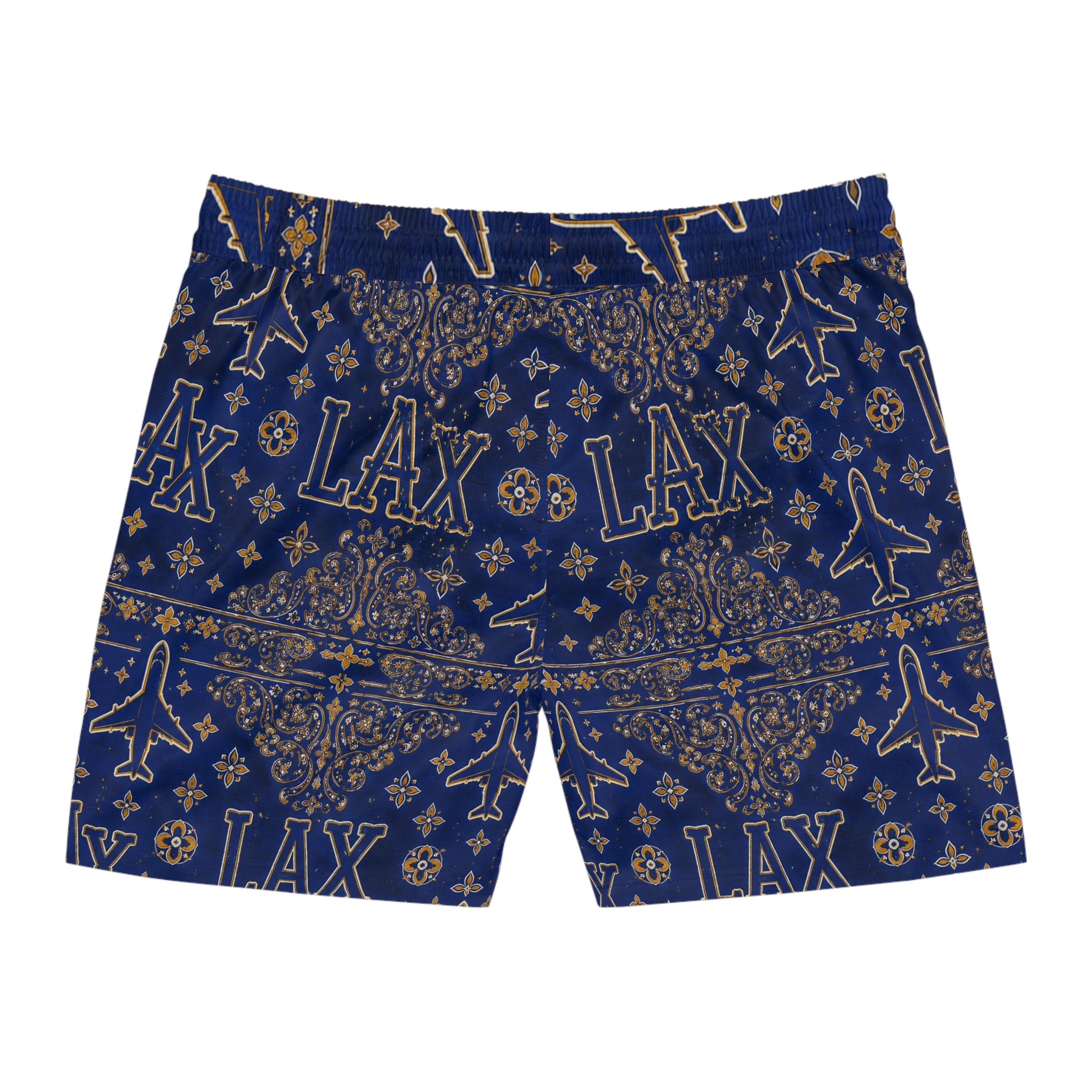 LAX Navy Bandana-Print Swim Shorts — Men's Mid-Length Lacrosse Beach Trunks