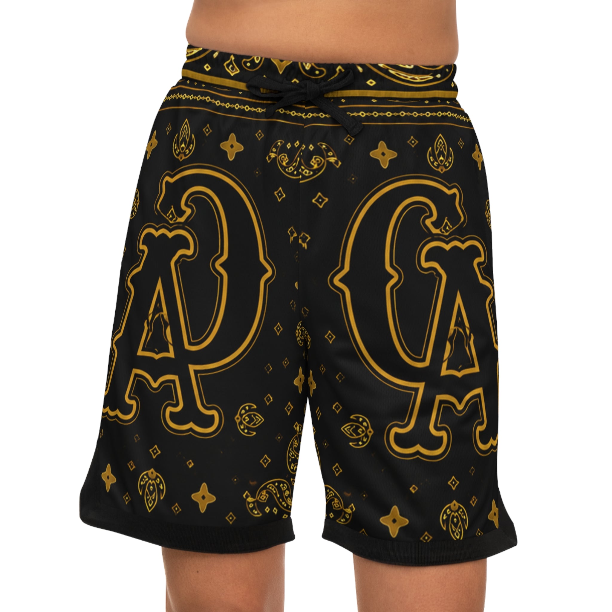 Black & Gold Bandana Basketball Shorts – Streetwear AOP with CA Monogram